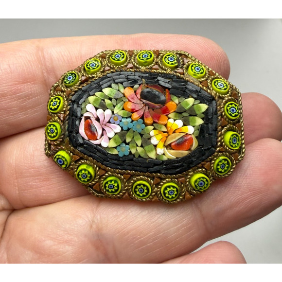Vintage XL Micro Mosaic 8 Sided Octagon Brooch Pin Italy Green Stars Rope Border